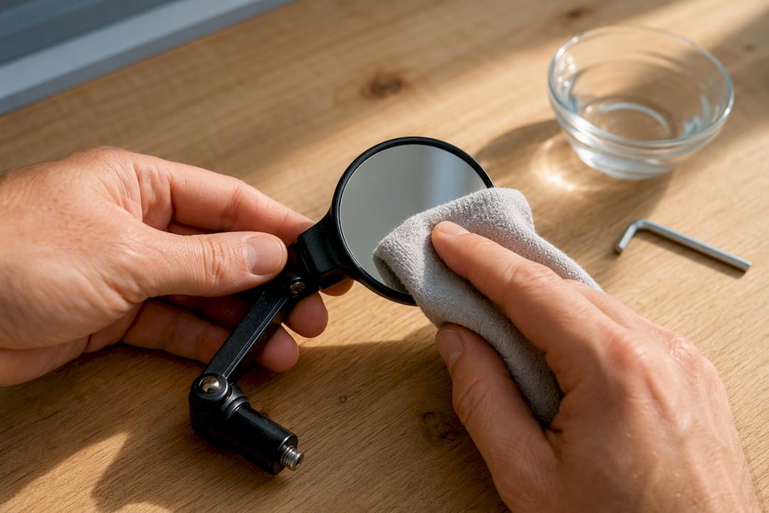 Main en train de nettoyer un miroir de vélo