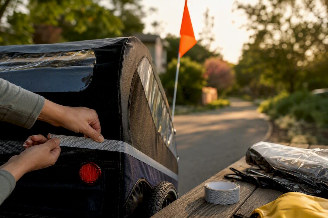 Hands adding reflective tape to trailer
