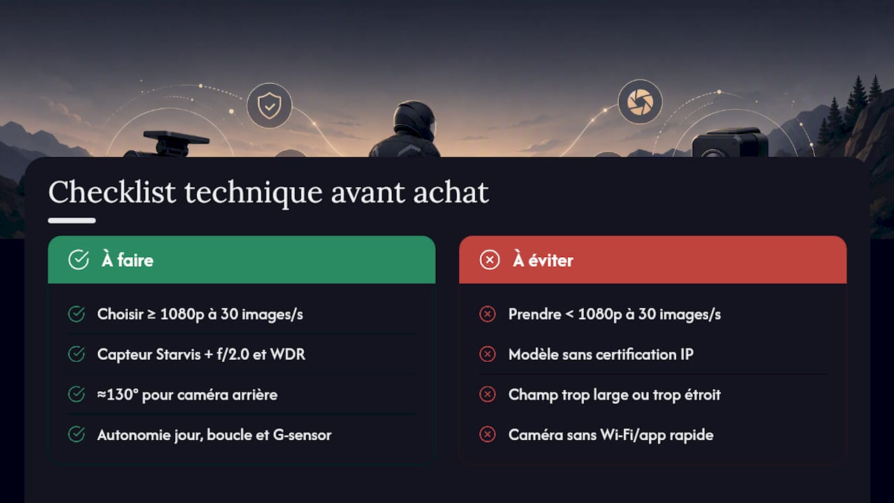 La checklist technique avant d'acheter une caméra vélo — overview diagram