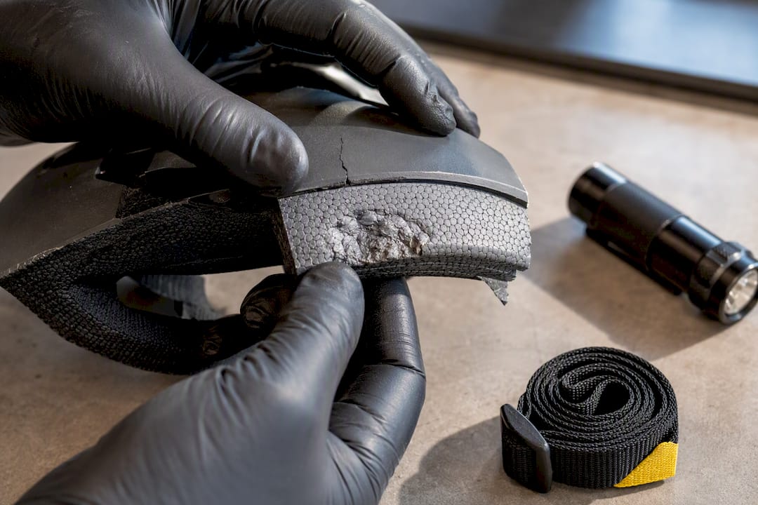Hands inspecting damaged helmet foam