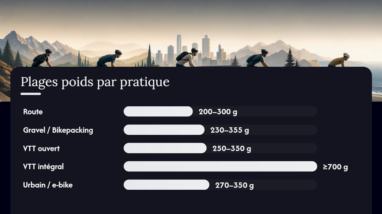 Poids casque vélo : les plages typiques selon votre pratique — overview diagram