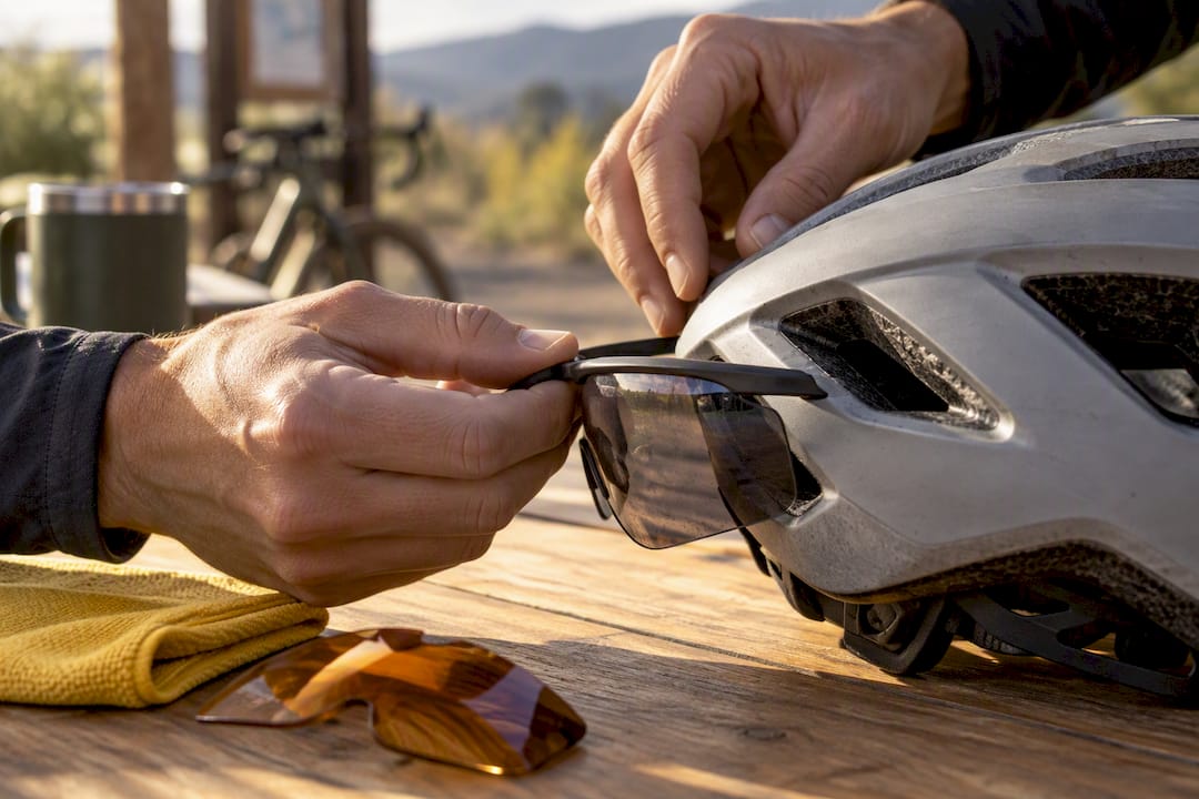 Glasses arm beside helmet vent opening