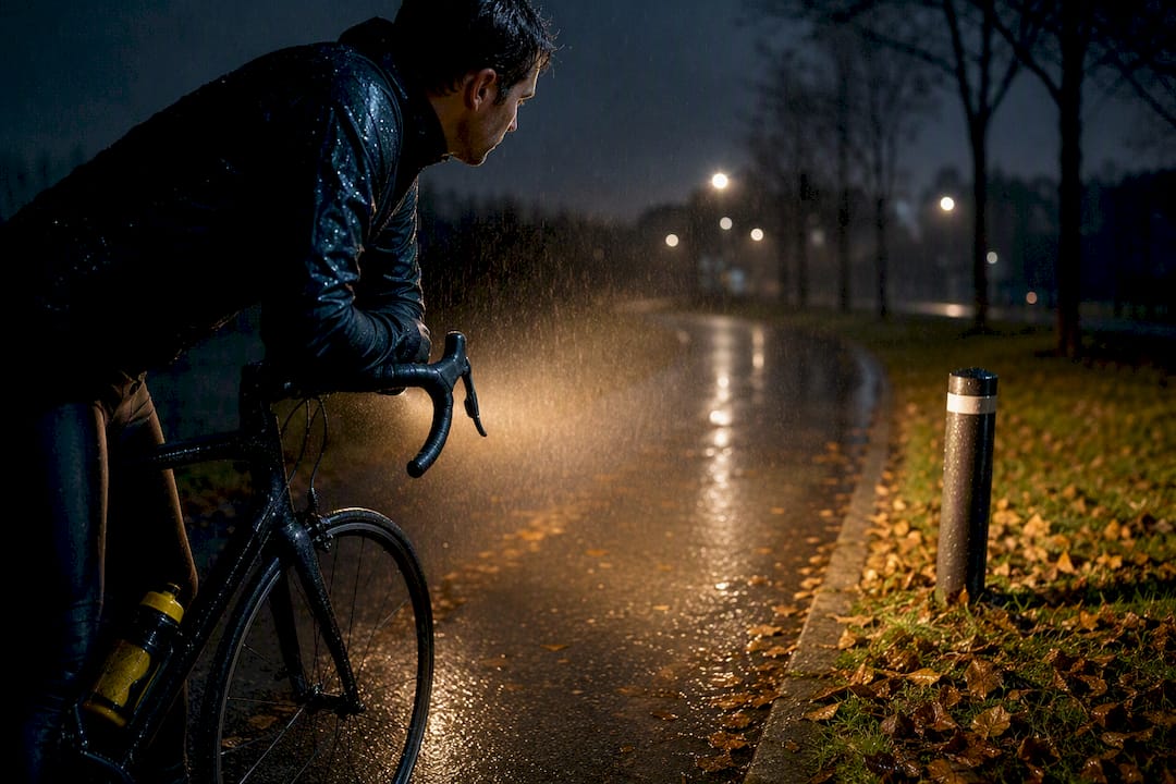 Warm bike beam cutting through rainy air