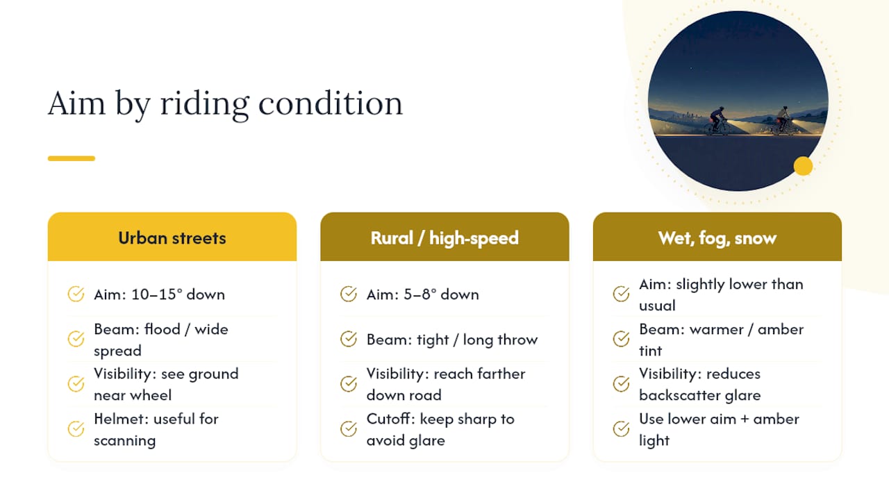 Bike light angles for different riding conditions