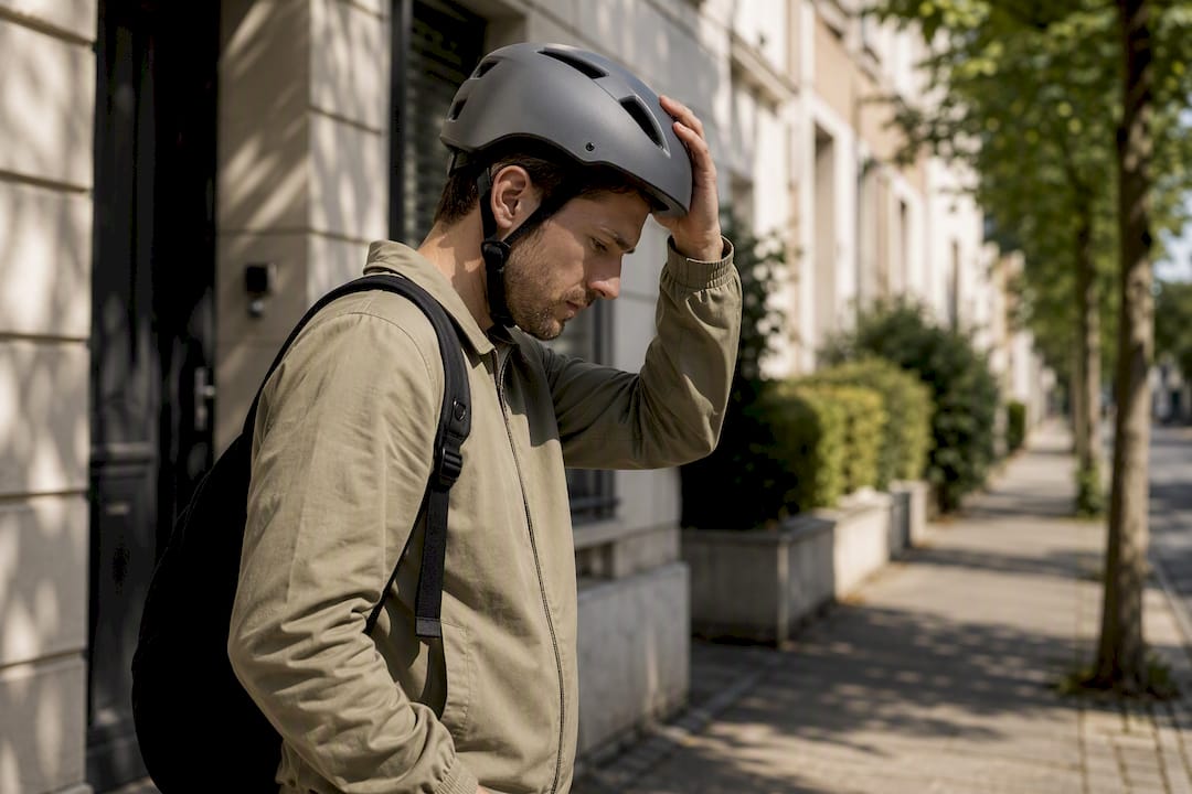 Cycliste vérifiant l’ajustement de son casque