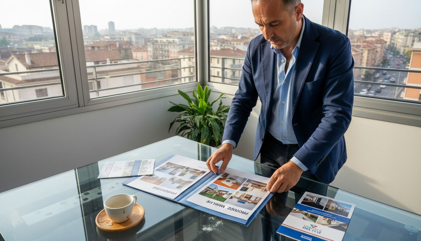 Un agente immobiliare al lavoro in un elegante ufficio italiano, moderno e accogliente.