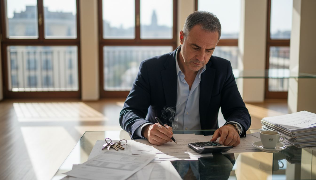 L’amministratore di condominio controlla le fatture alla scrivania nel suo ufficio.