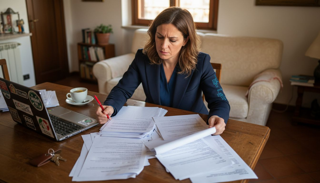 L’agente immobiliare verifica la documentazione durante il sopralluogo in appartamento.