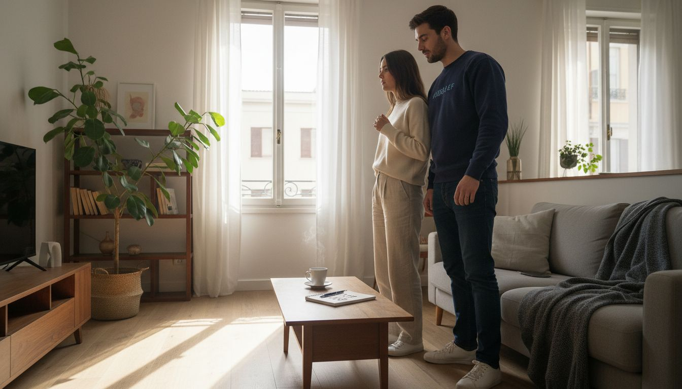 Una coppia si reca a vedere un appartamento pieno di luce.