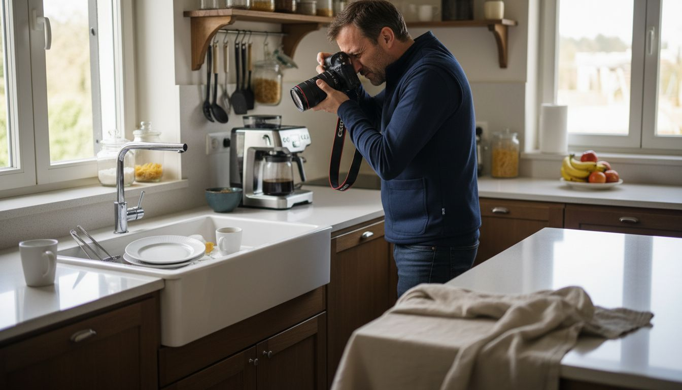 Un fotografo specializzato in immobili realizza scatti professionali della cucina.