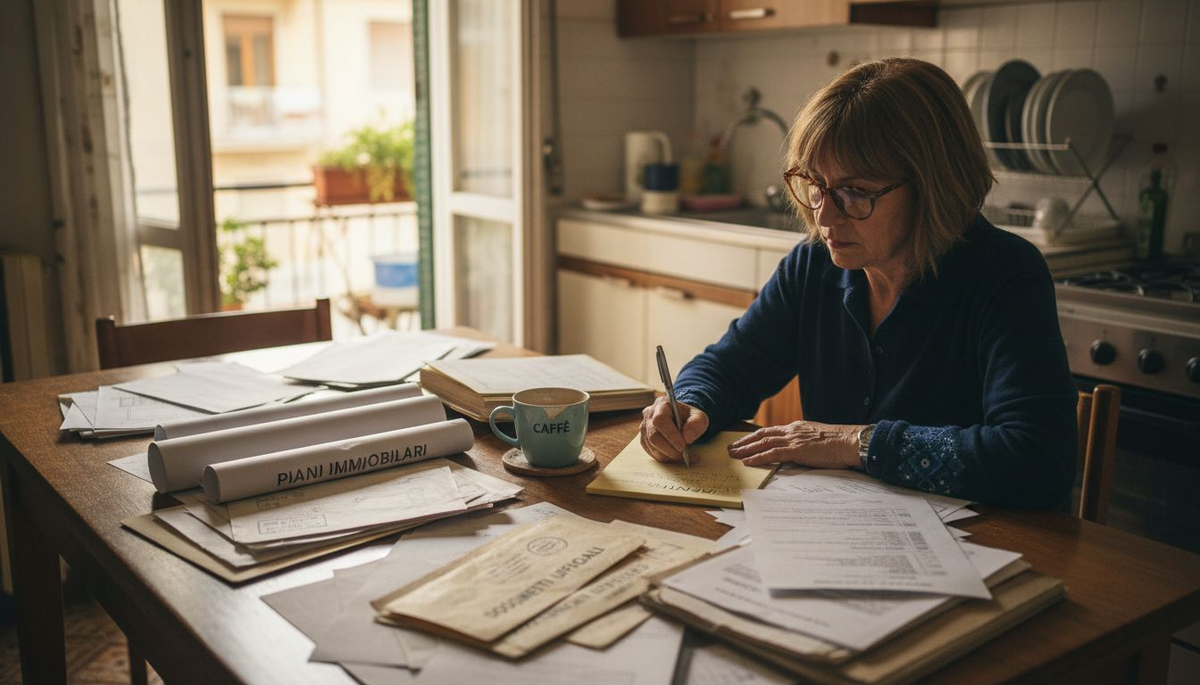 Una donna sta passando in rassegna le carte relative all’eredità della casa ricevuta dai familiari.