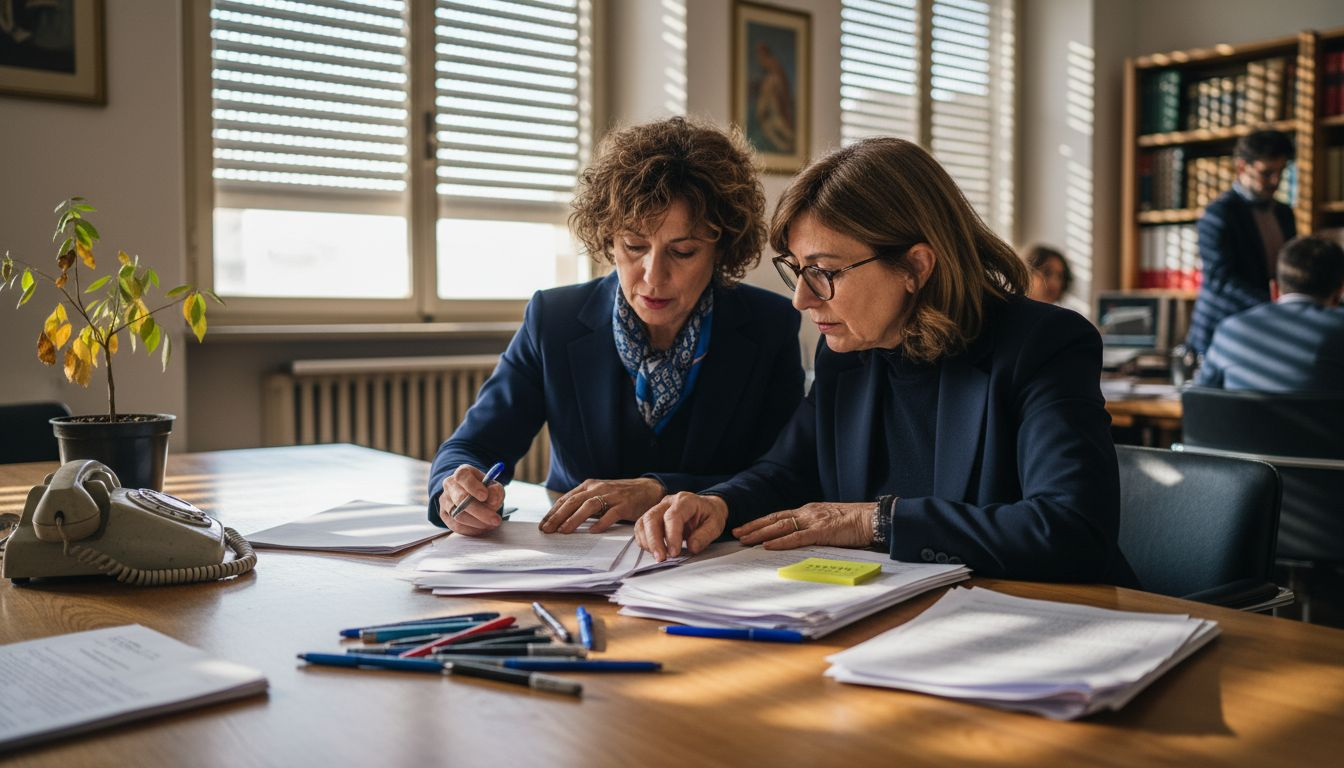 Alcuni clienti stanno esaminando insieme i documenti relativi a un'eredità, seduti attorno al tavolo di uno studio professionale.