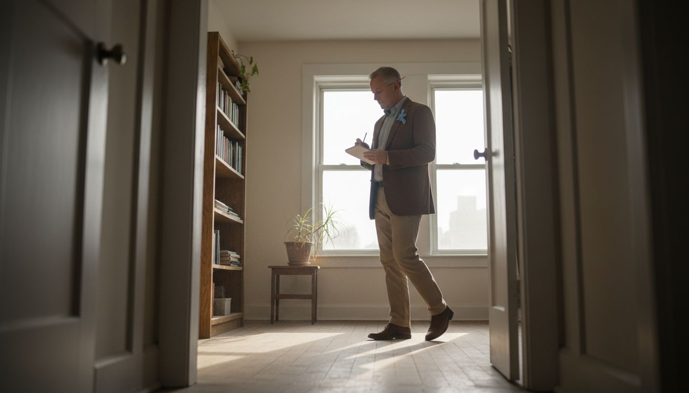 Un perito sta valutando un appartamento molto luminoso, prendendo appunti su una cartellina.