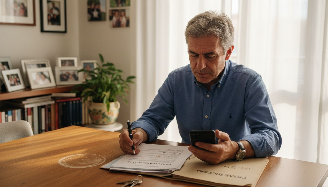 Uomo che esamina la documentazione relativa alla valutazione di un immobile ereditato