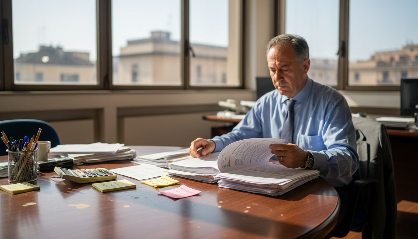 Professionista al lavoro che consulta documenti immobiliari alla scrivania