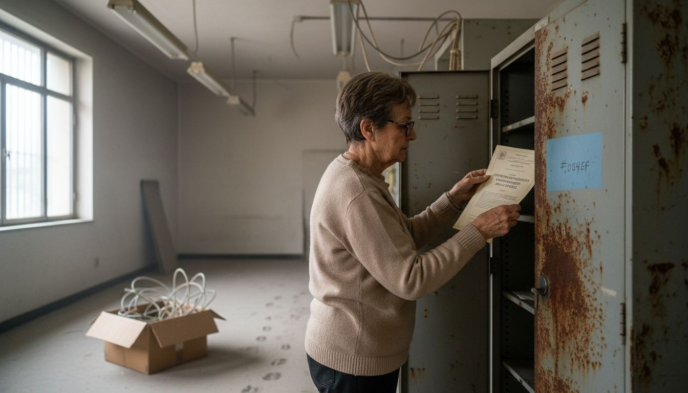 Una donna sta cercando il certificato di conformità tra i documenti d’archivio.