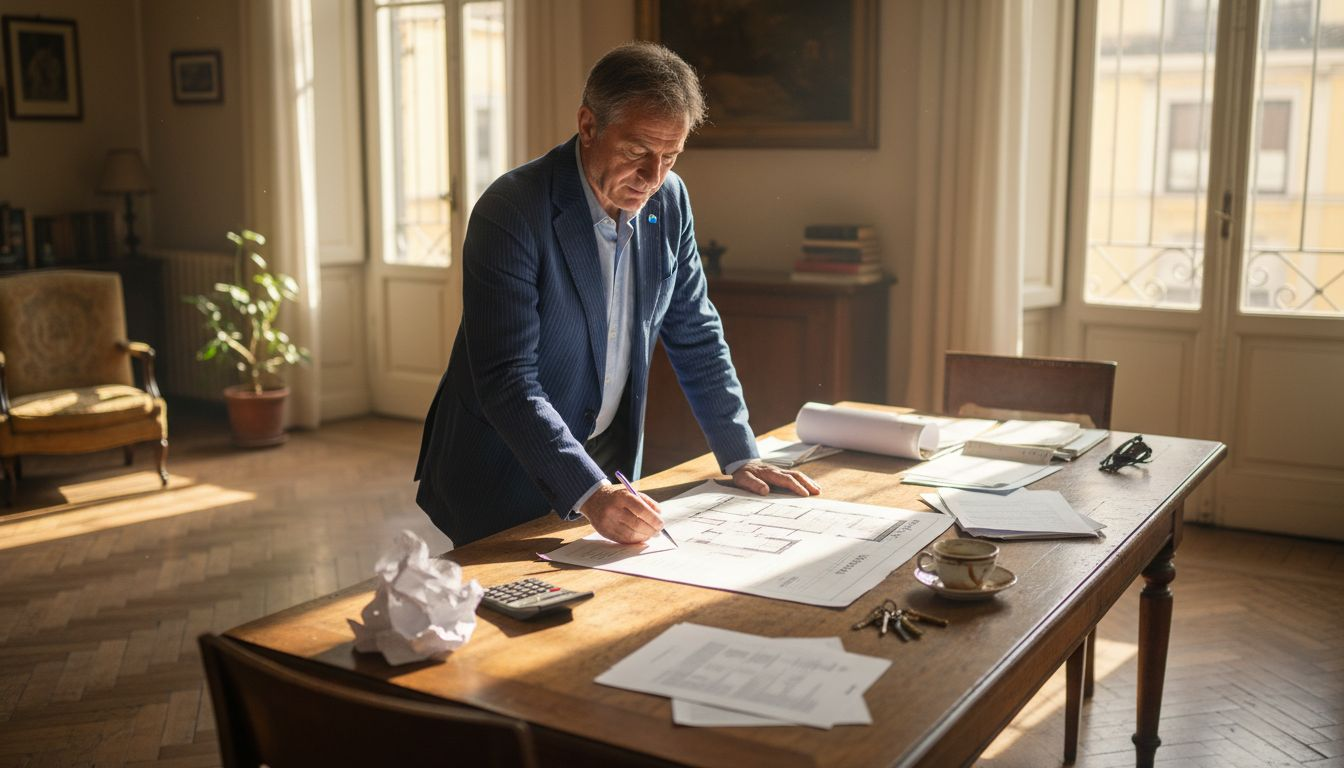 Perito immobiliare che analizza la planimetria di una casa