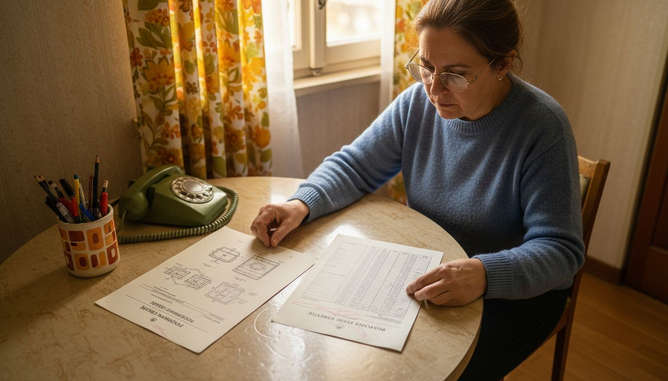 Donna seduta al tavolo mentre esamina e confronta documenti immobiliari