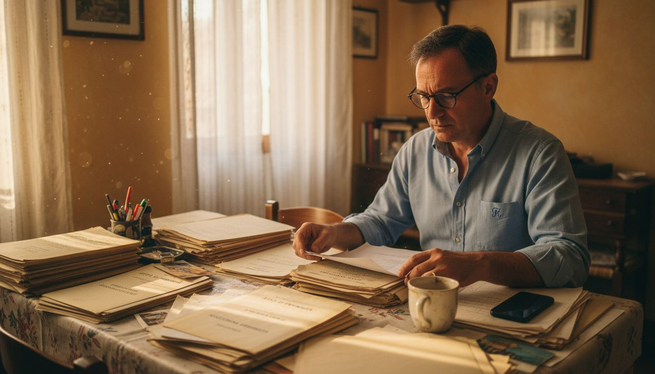 Uomo che esamina i documenti relativi a un’eredità
