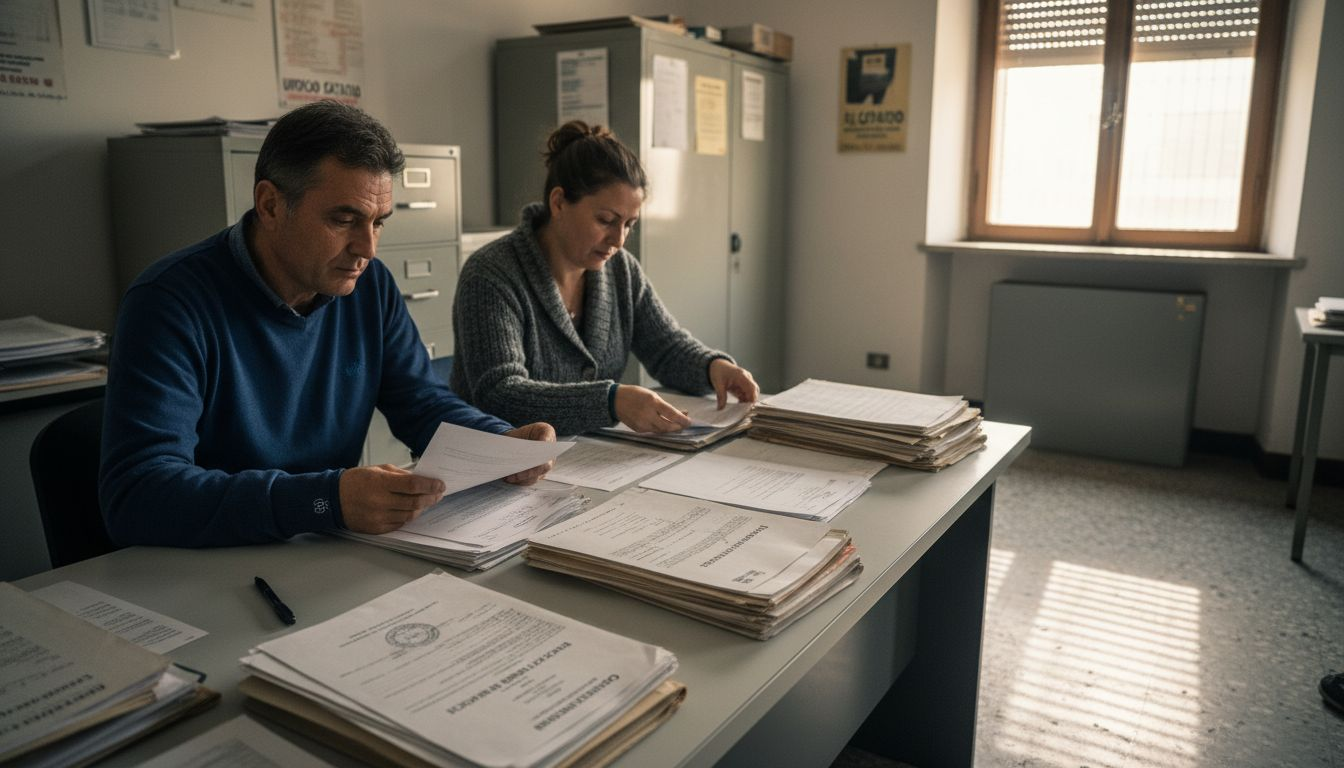 Una coppia esamina le carte relative a una proprietà appena ereditata, cercando di capire tutti i dettagli e le implicazioni legali.