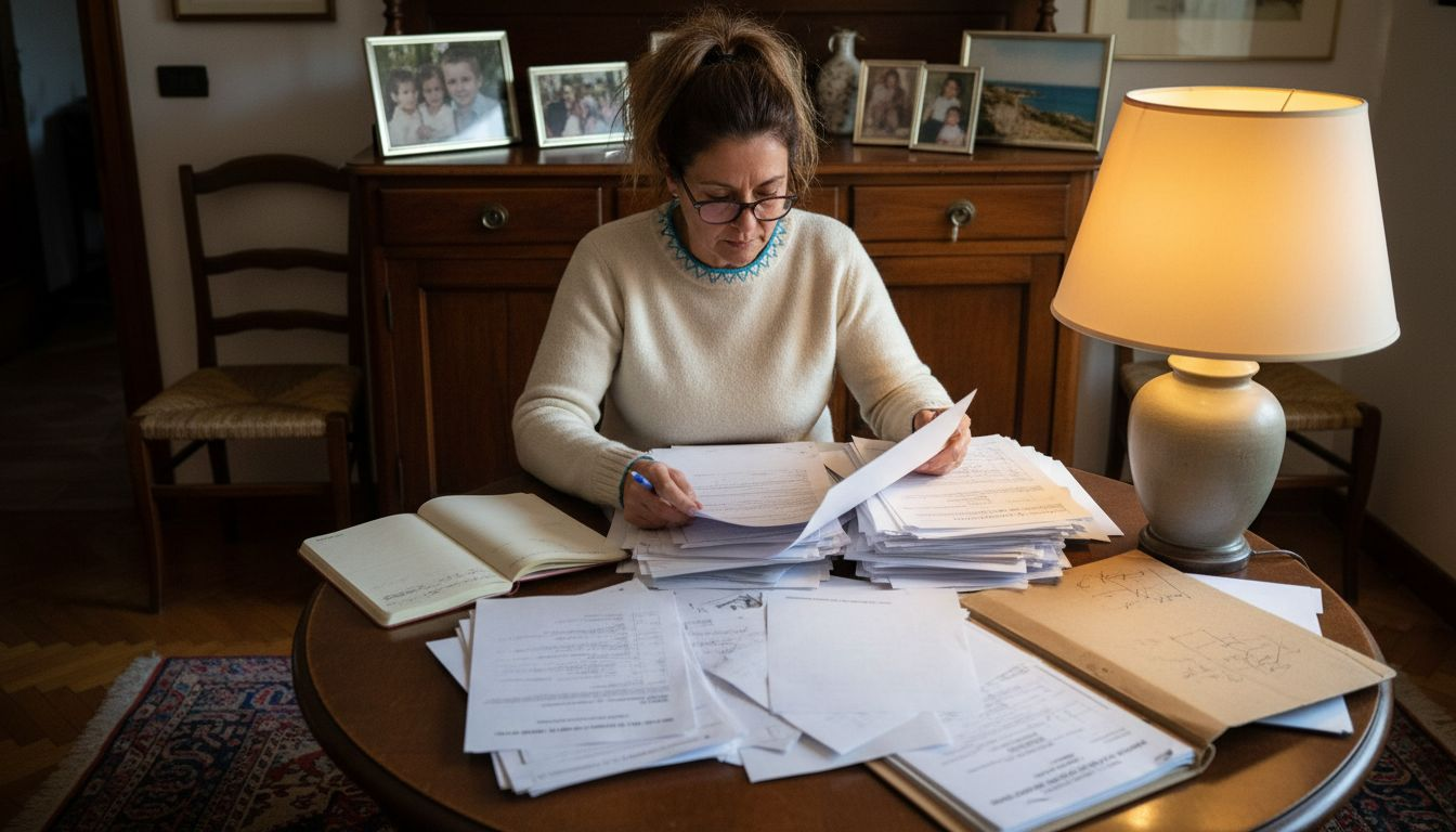 Una donna esamina i documenti relativi alla valutazione di un immobile ricevuto in eredità.