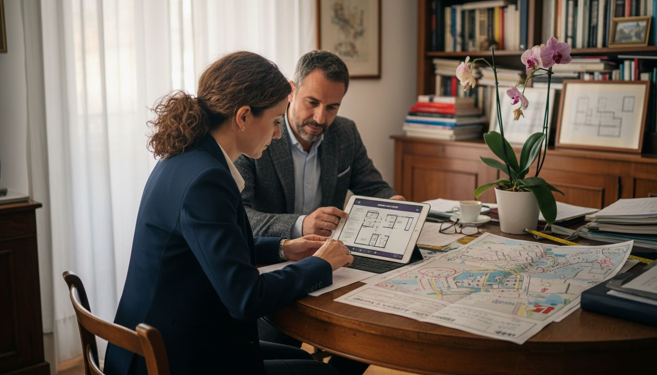 Due periti immobiliari stanno esaminando insieme la documentazione relativa alla valutazione di un immobile.