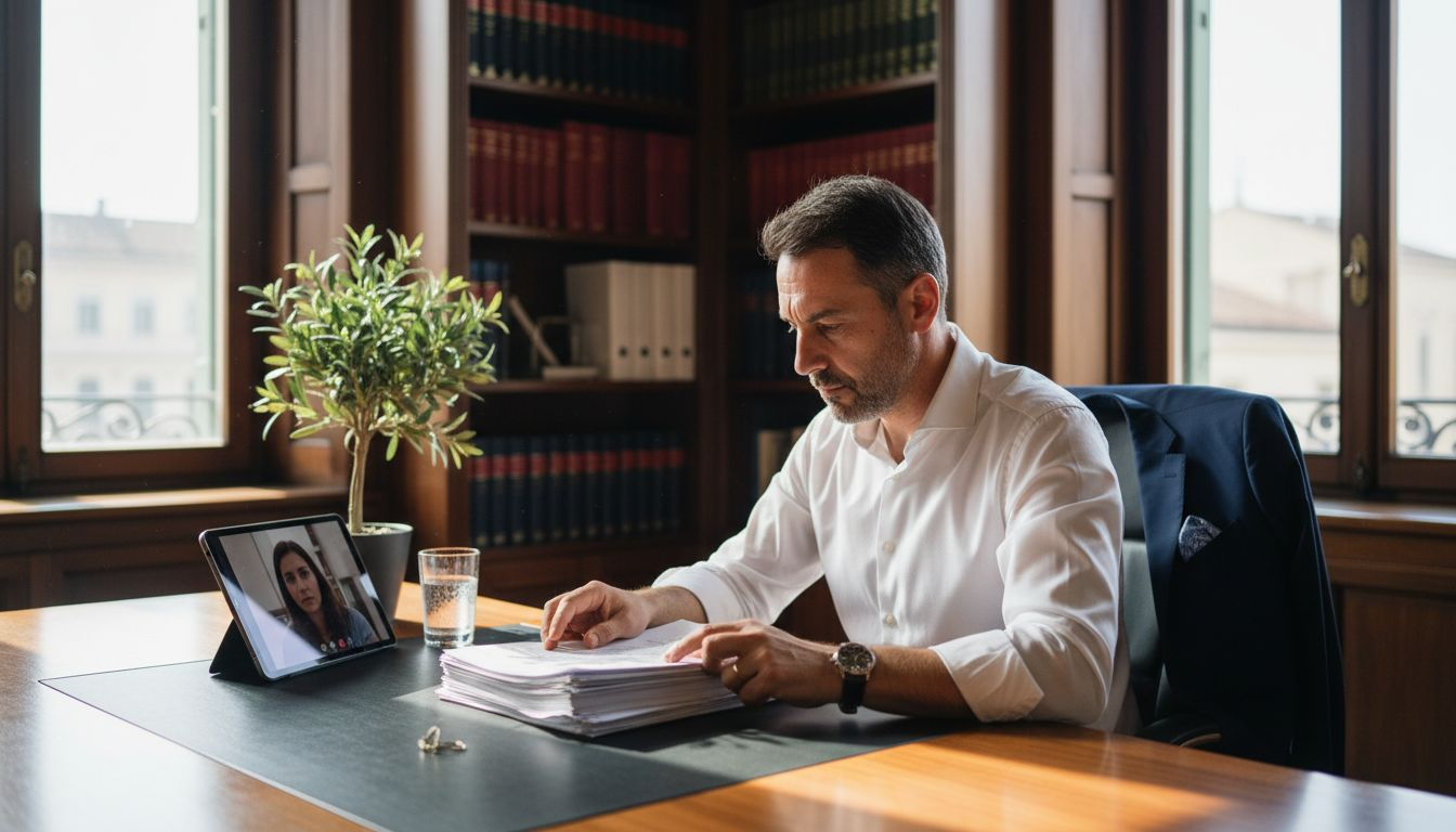 Un avvocato italiano impegnato nell’esame delle pratiche ereditarie, seduto alla scrivania e concentrato sui documenti da verificare.