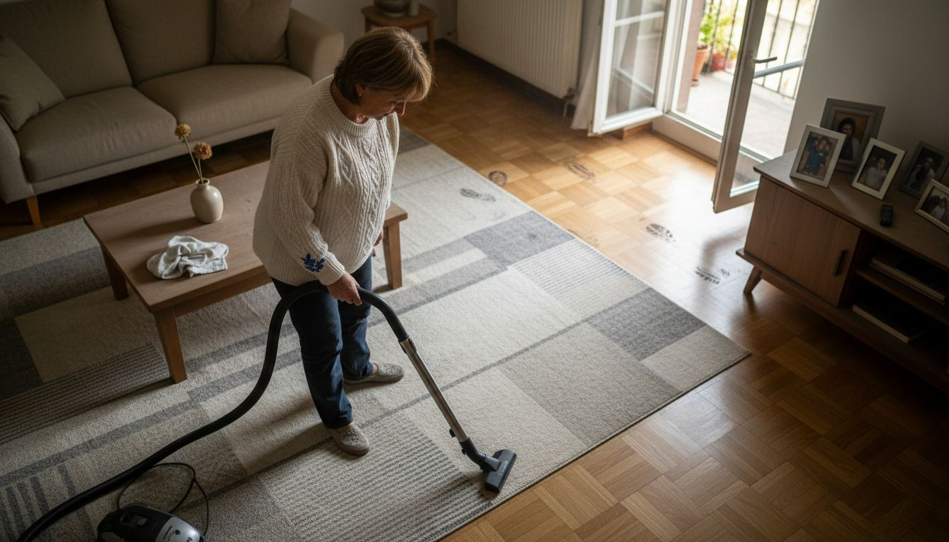 Prima di mettere in vendita la casa, una donna si dedica a pulire e sistemare il salotto per presentarlo al meglio.