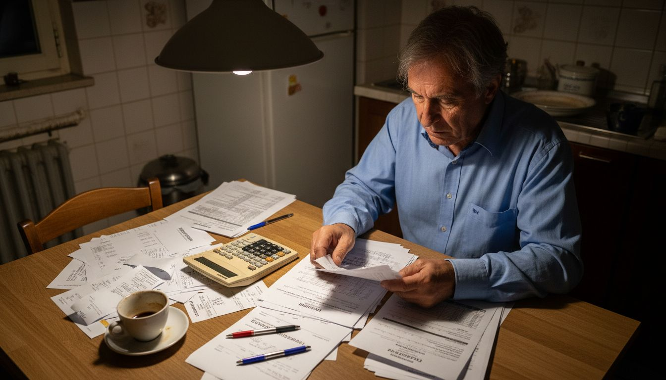 Un uomo seduto al tavolo di casa si concentra sull’analisi delle pratiche per la successione.