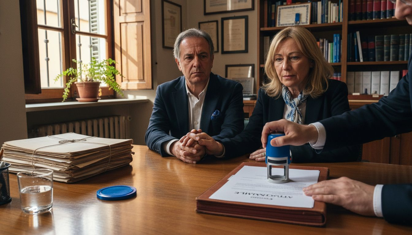 Una coppia si reca dal notaio per sottoscrivere l’atto di accettazione dell’eredità.