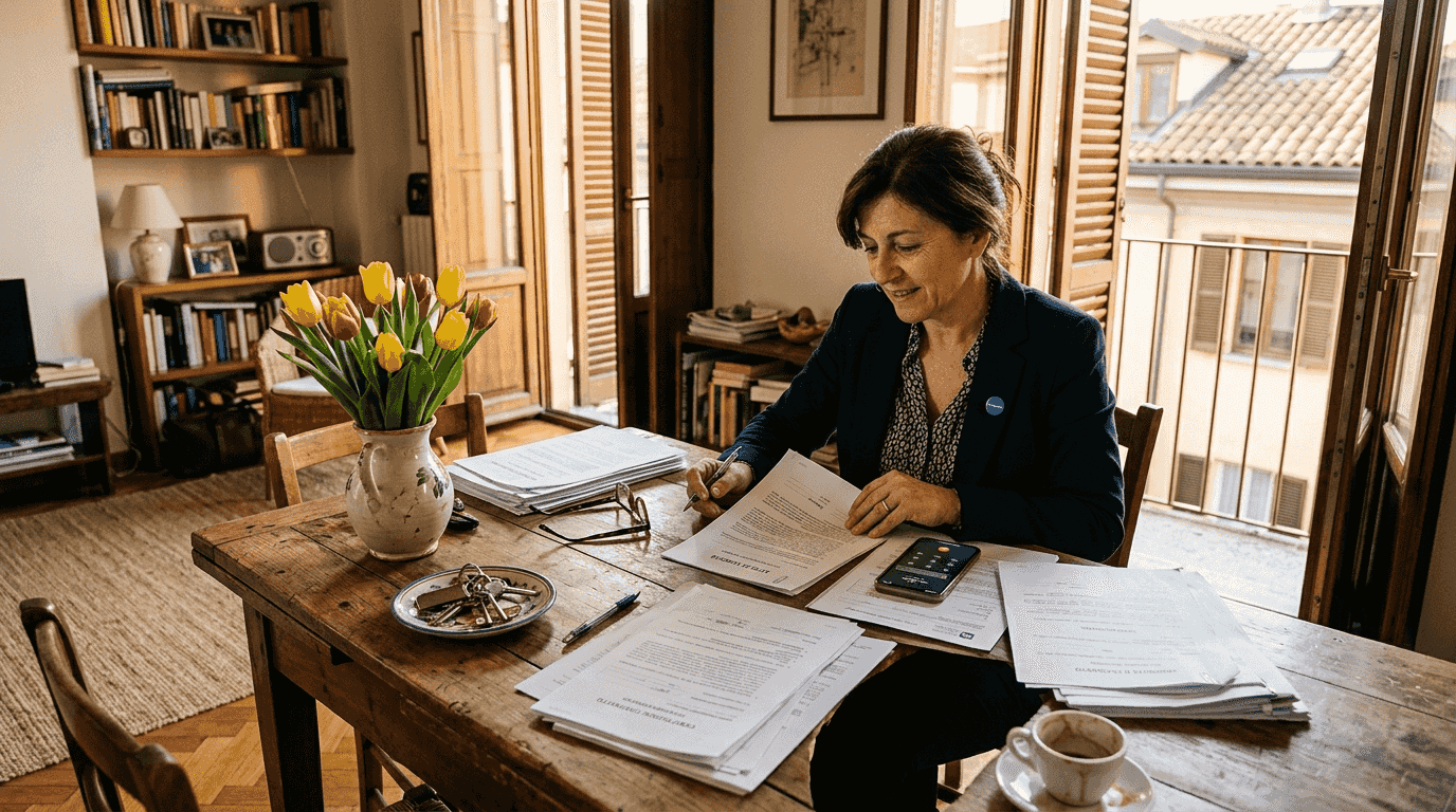 Donna che, nella tranquillità di casa sua, si dedica a mettere in ordine le carte dell’eredità di famiglia.