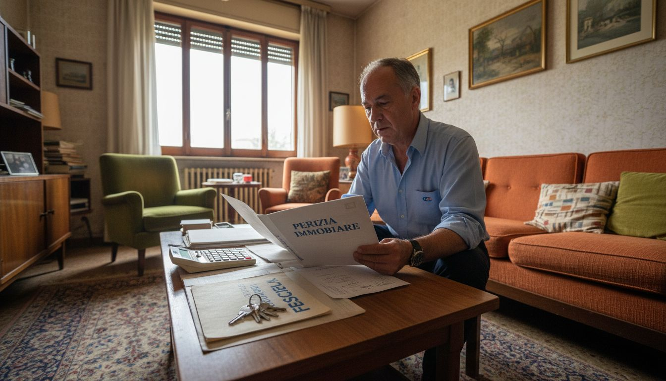 Un uomo sta esaminando una valutazione immobiliare comodamente seduto nel suo salotto.