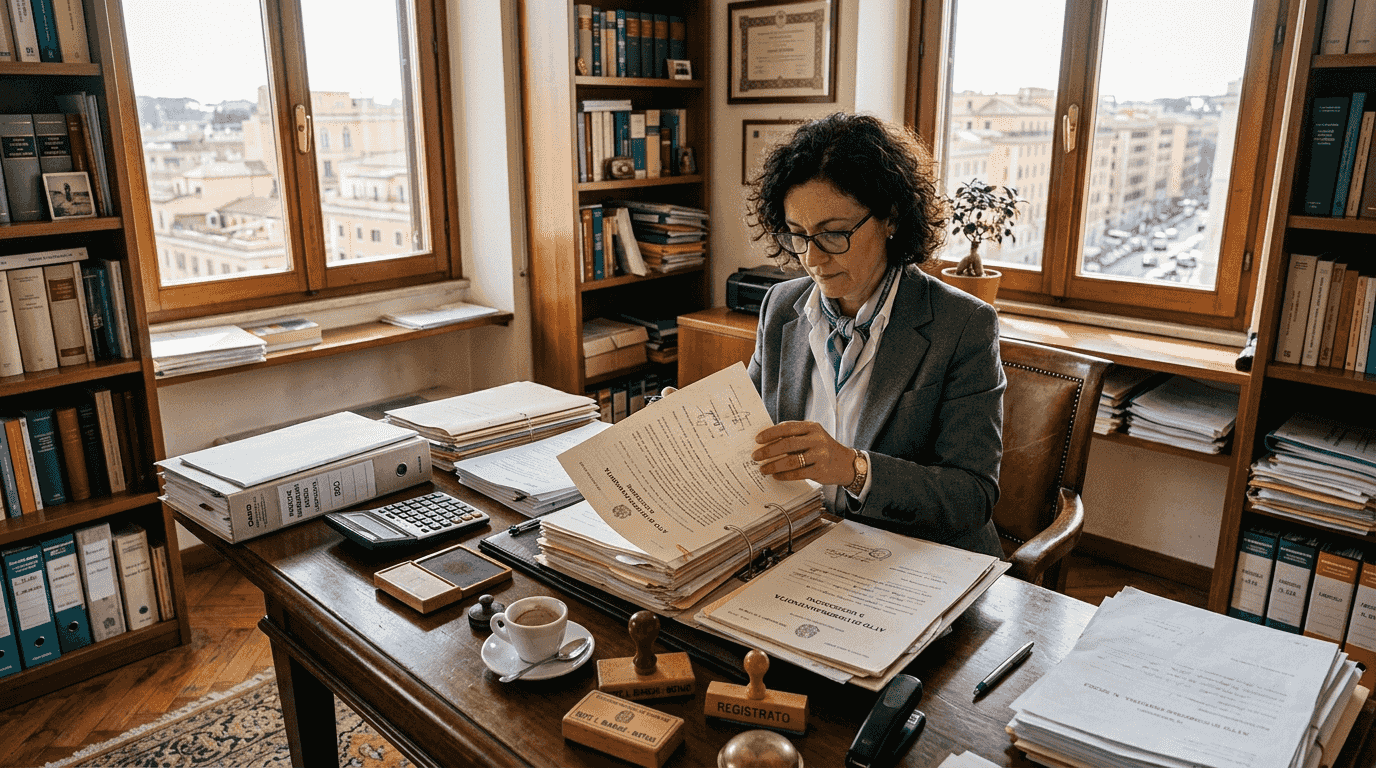 Donna che esamina attentamente i documenti relativi a una successione nel suo ufficio