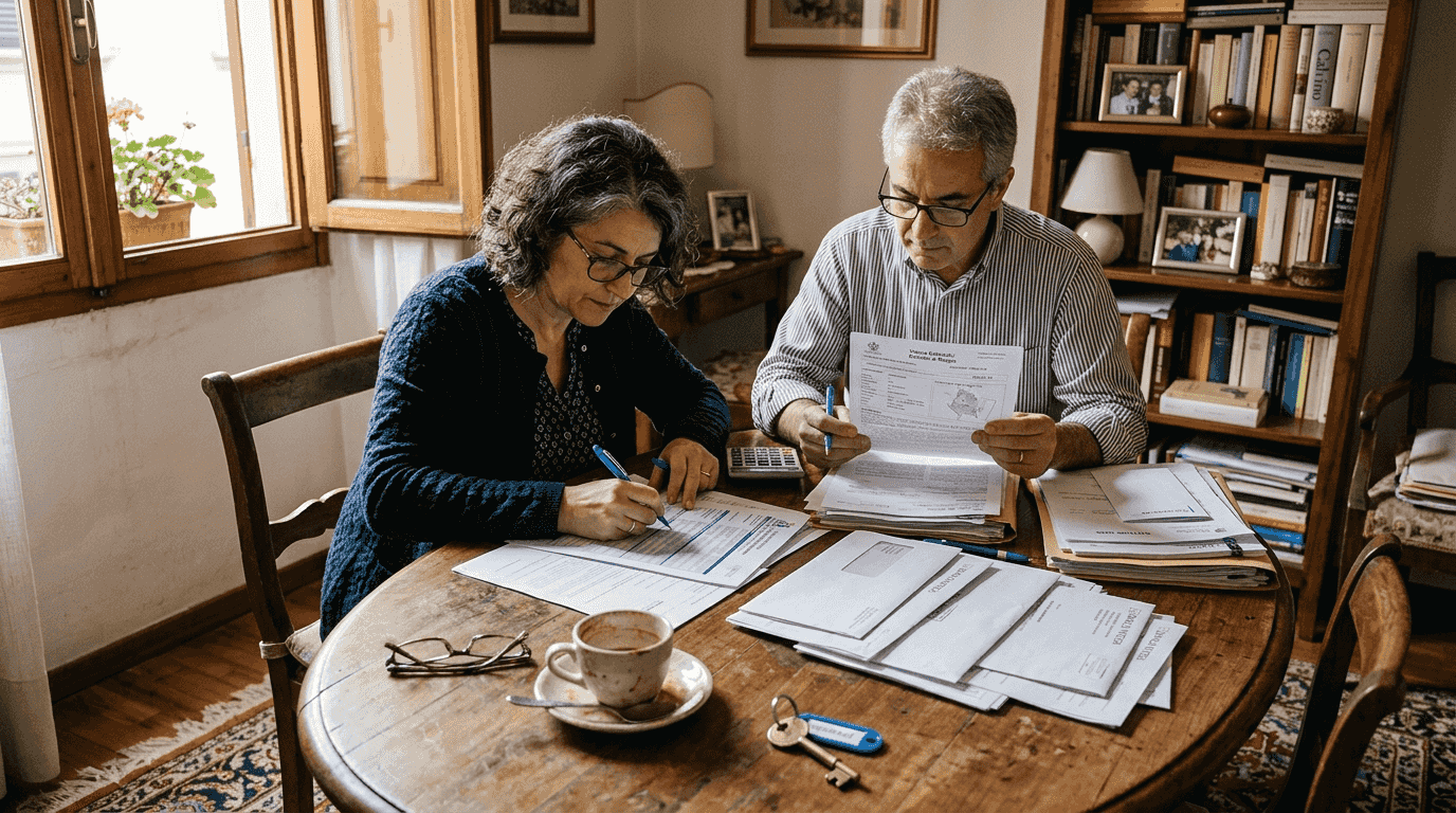 Coppia che esamina insieme i documenti relativi all’eredità di una casa