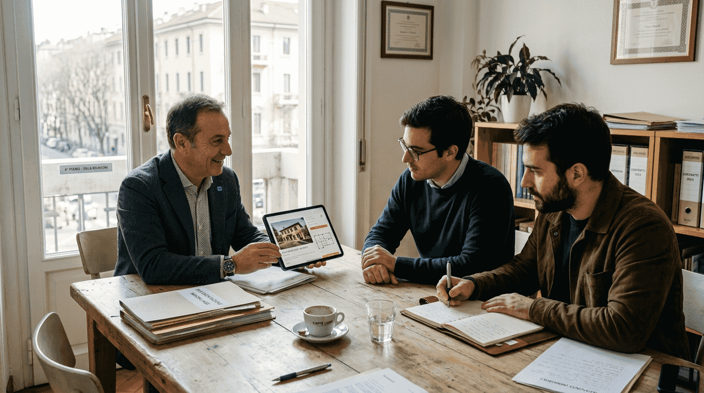 L’agente immobiliare incontra gli eredi nella sala riunioni per discutere della compravendita.