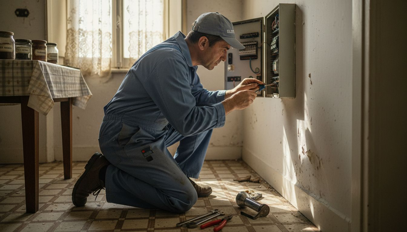 Un elettricista sta verificando l’impianto elettrico di una cucina vecchia.