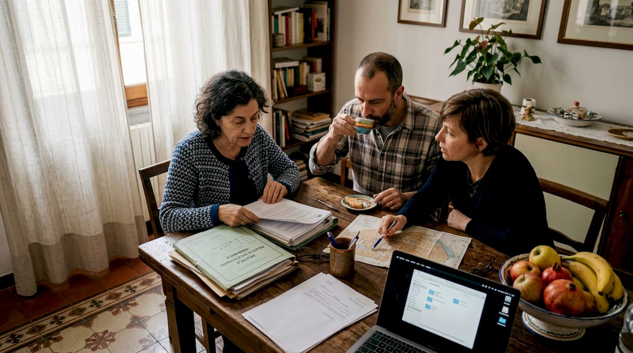 Fratelli che esaminano insieme i documenti relativi alla vendita di una casa ereditata