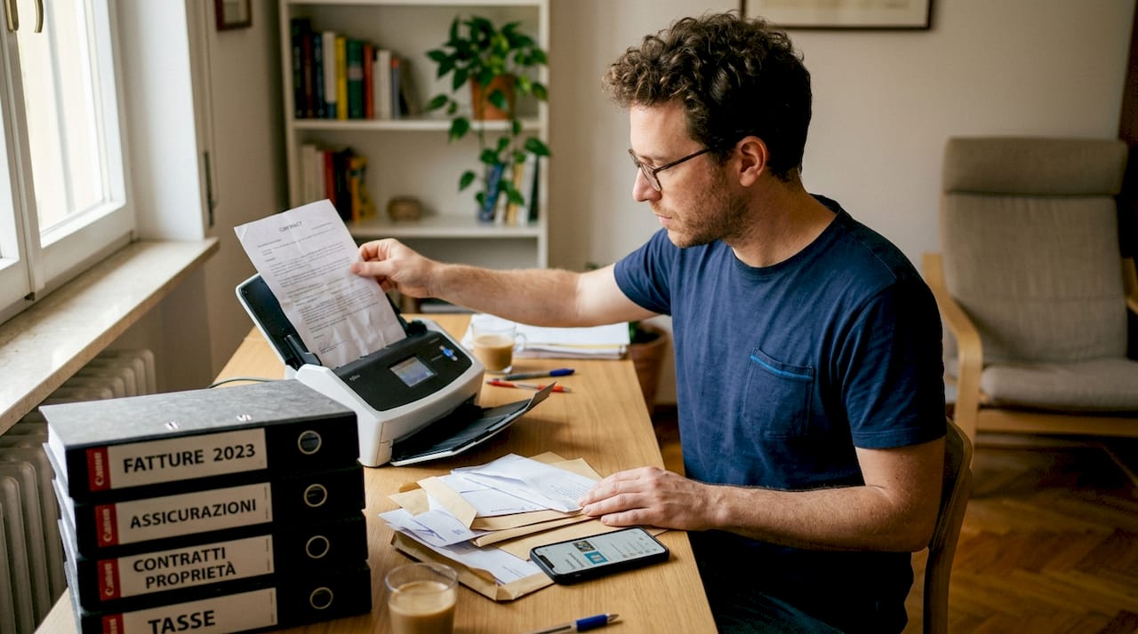 Un uomo si occupa della digitalizzazione dei documenti relativi all’eredità immobiliare.