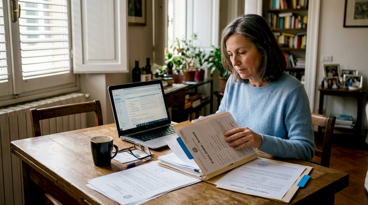 Donna alle prese con la sistemazione dei documenti per la successione ereditaria