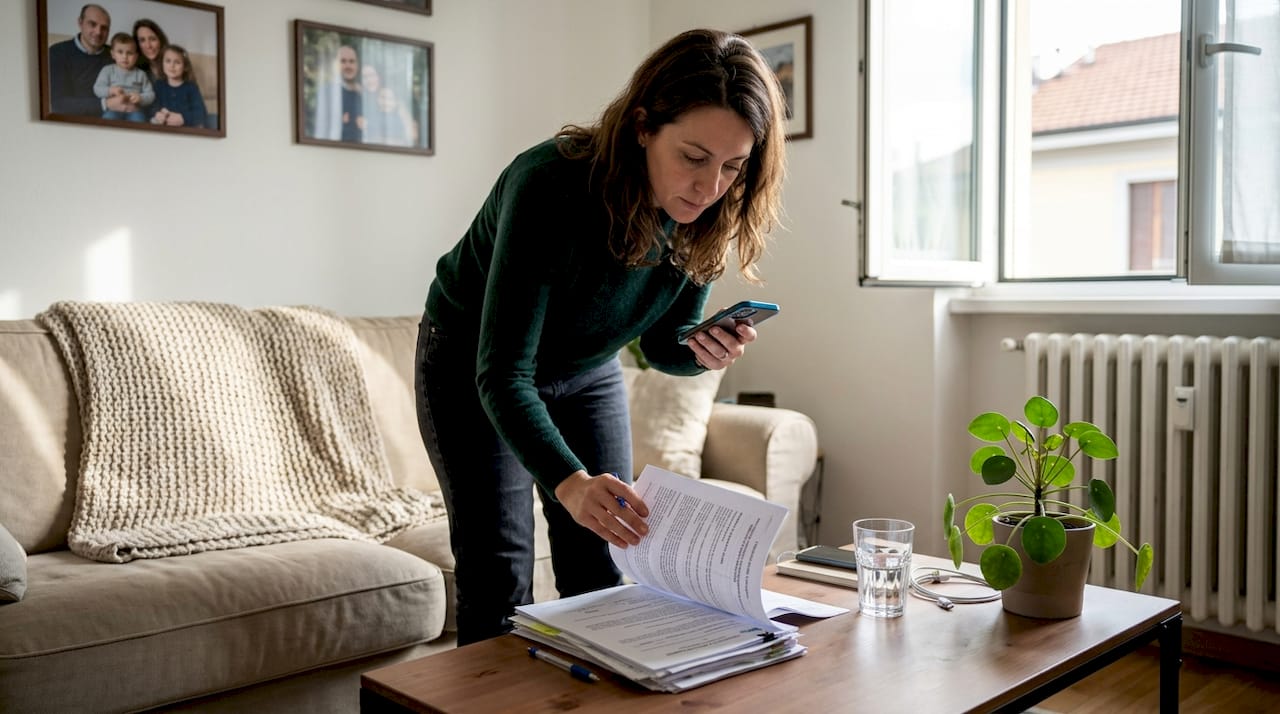 Donna che controlla attentamente i documenti immobiliari nel suo appartamento