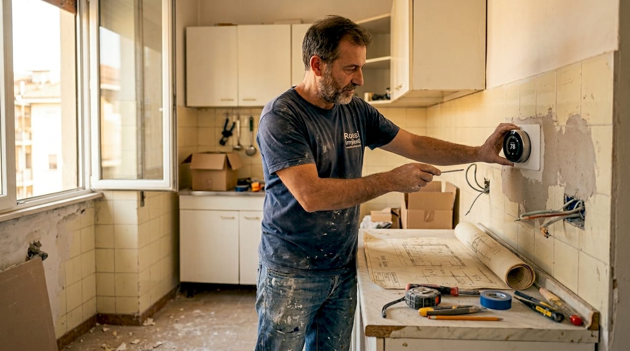 Tecnico al lavoro nell’installazione di un termostato intelligente in una cucina ristrutturata