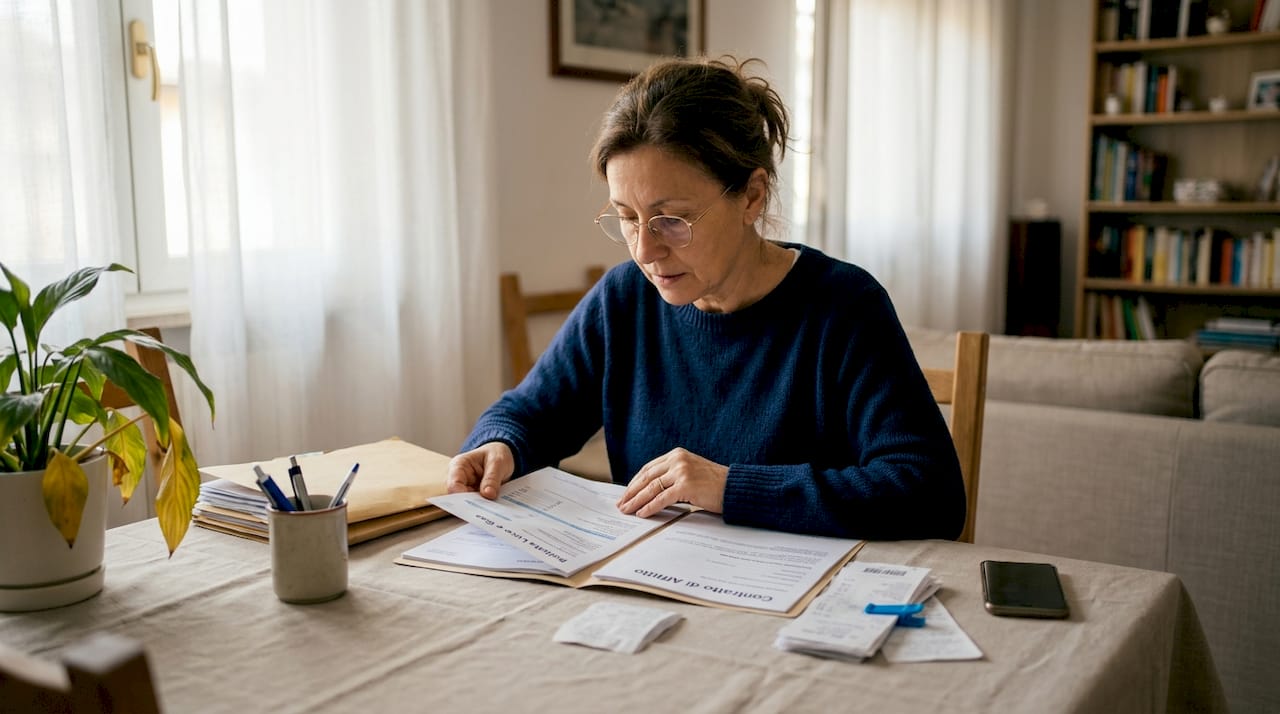 Una donna sistema documenti immobiliari tra le mura della sua casa, circondata dagli oggetti della vita quotidiana.