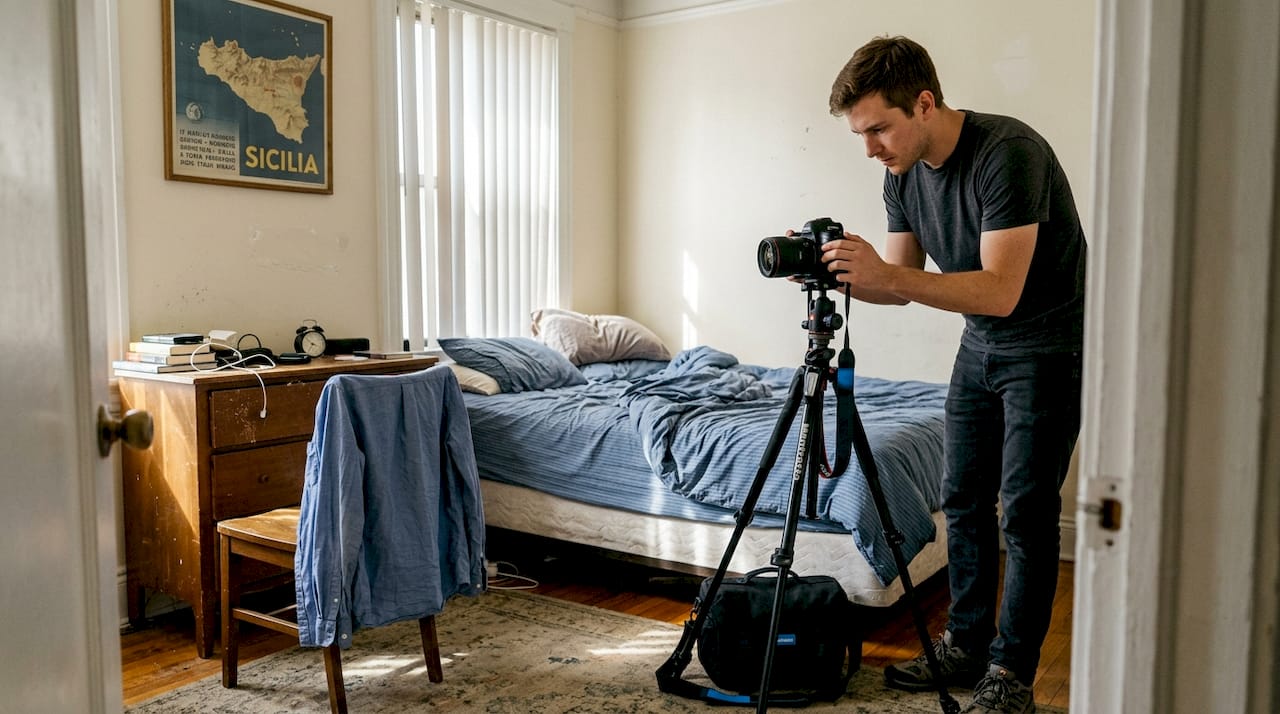Fotografo che sistema l’attrezzatura per uno shooting in una camera da letto in completo disordine.