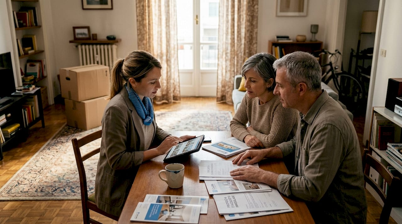 L’agente immobiliare e i proprietari stanno valutando insieme la vendita di un appartamento ricevuto in eredità.