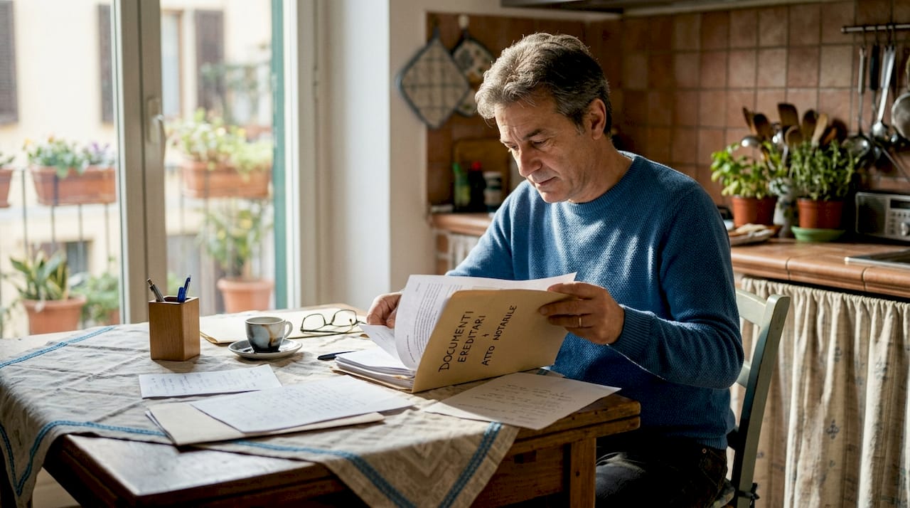 Un uomo esamina le carte dell’eredità seduto al tavolo della cucina.