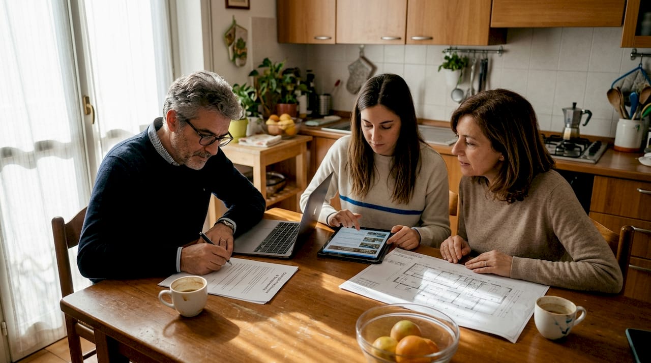 La famiglia si riunisce in cucina per controllare insieme i documenti della casa.