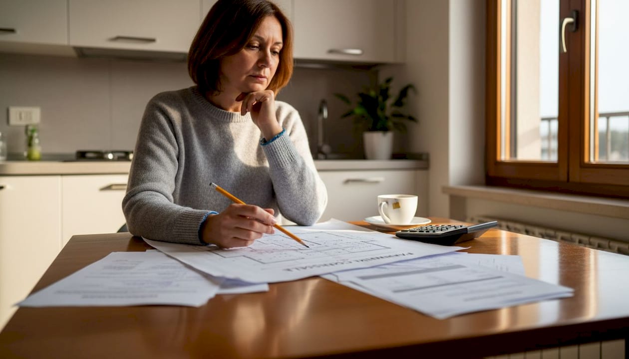 Una donna sta esaminando la documentazione relativa a un immobile ricevuto in eredità.
