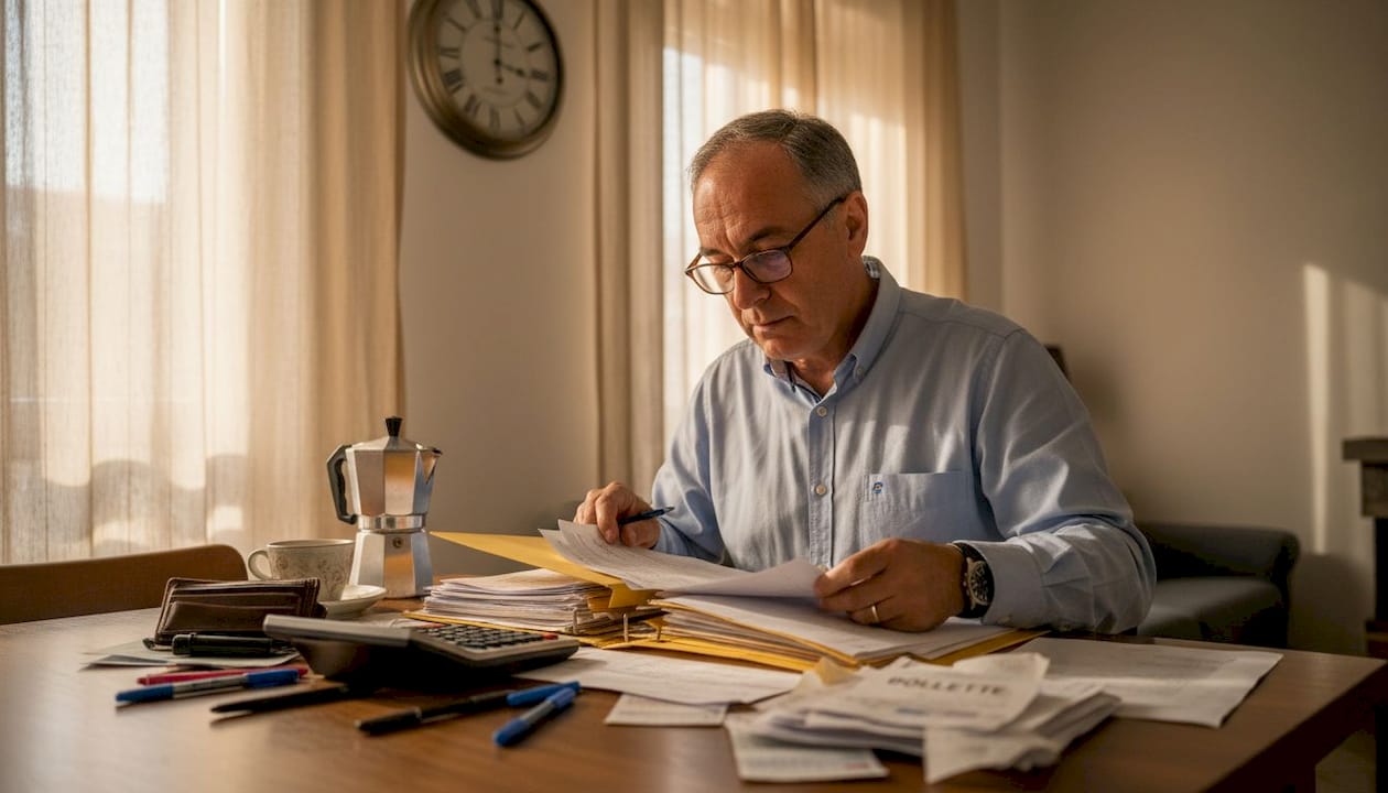 Un uomo esamina dei documenti seduto in salotto.
