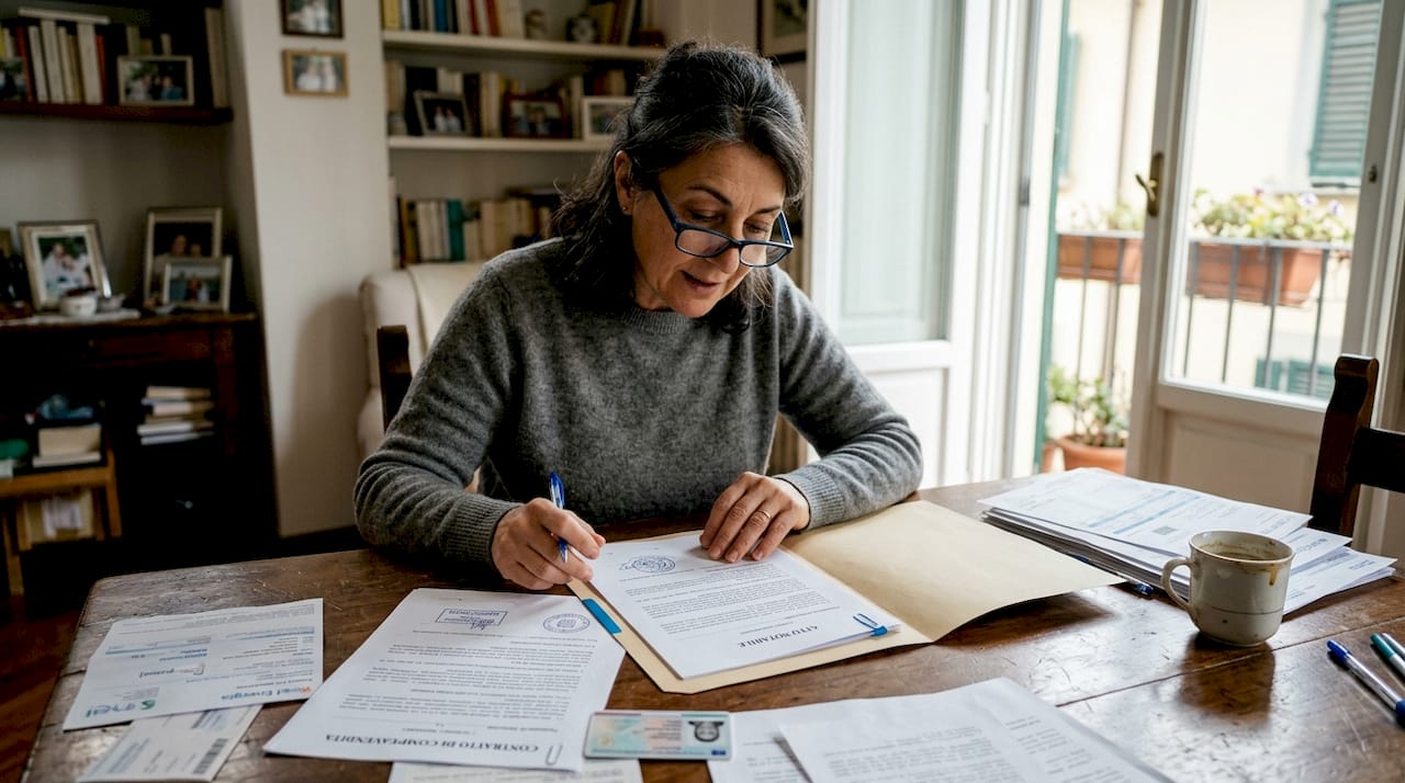 Donna seduta al tavolo della cucina mentre esamina i documenti della casa ricevuta in eredità.