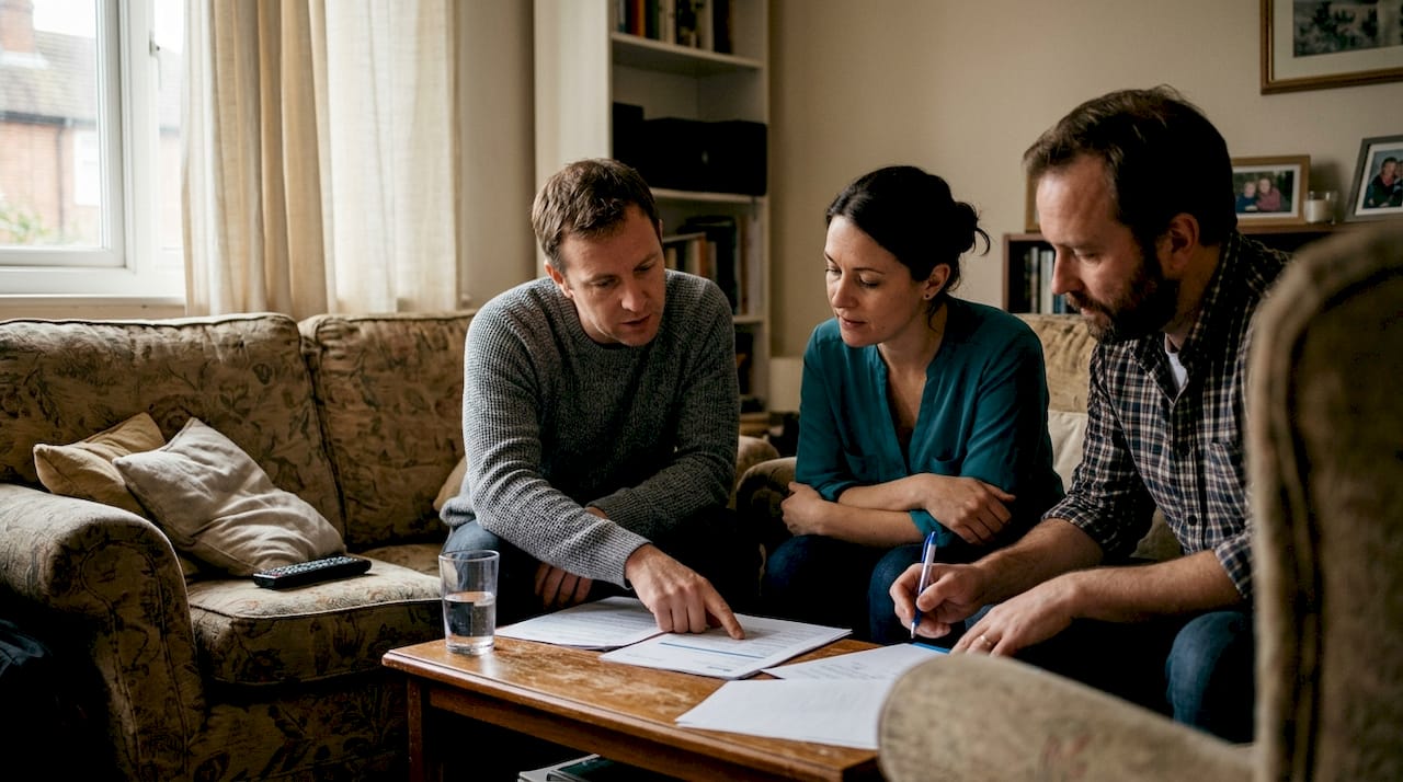 Fratelli riuniti in salotto che esaminano insieme i documenti dell’eredità.